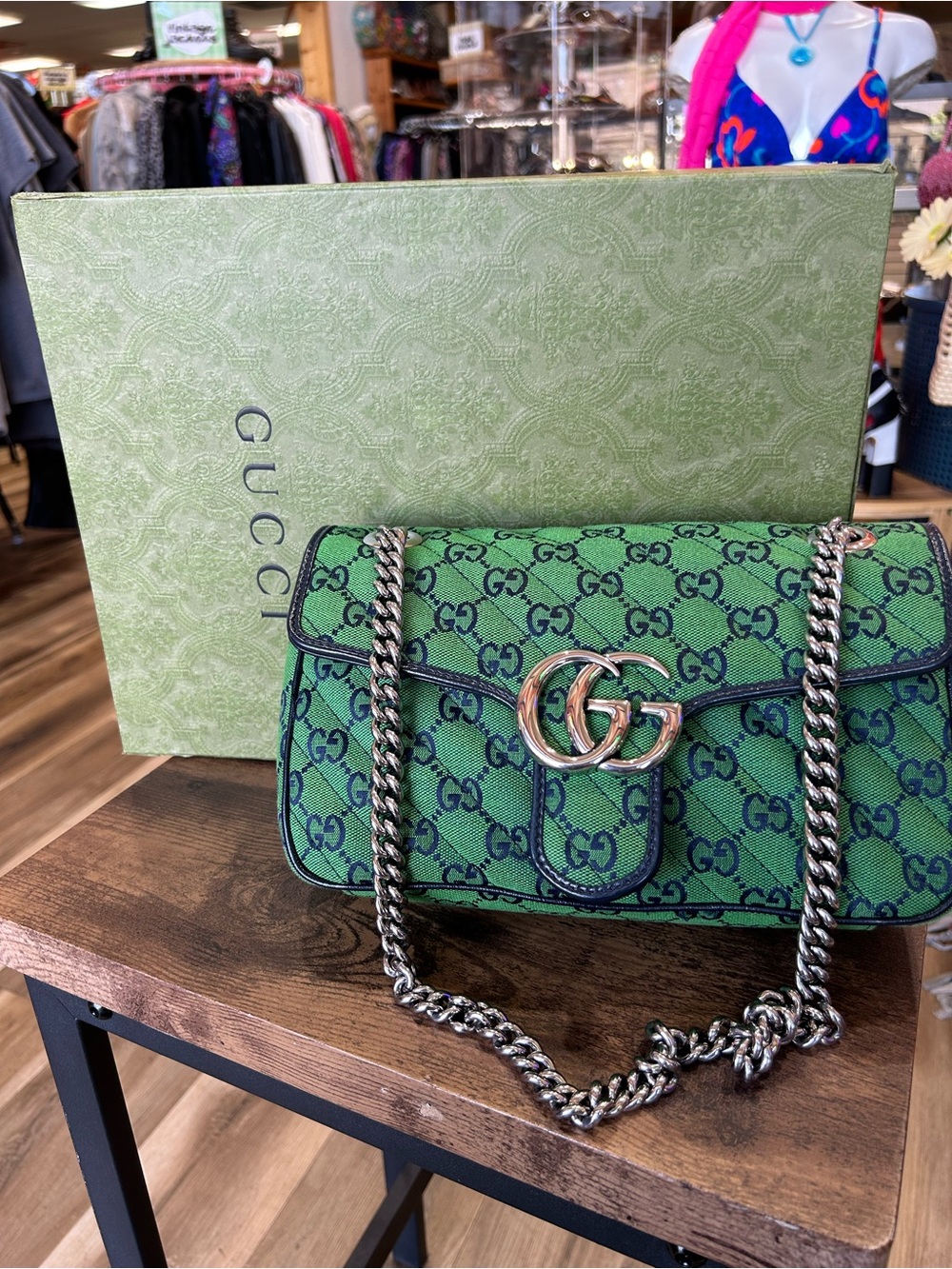 Gucci Green GG Canvas Shoulder Bag with Gold Hardware